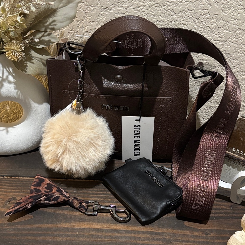 Steve Madden Dark Brown Handbag with Cream Pom Pom